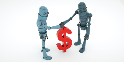 The pair of robots shake hands after successful negotiations, 3d render