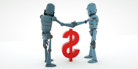 The pair of robots shake hands after successful negotiations, 3d render