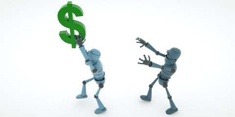 The robot carries a financial well being, while the second, wants to seize it, 3d render