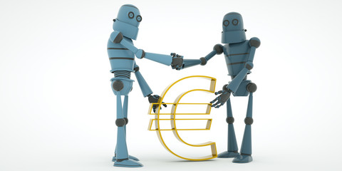 Two robots have agreed on cooperation, the Euro symbol in the center, 3d render