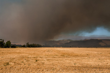 Farm fiels with background of thick black smoke from wildfire