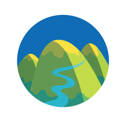 Fototapeta premium Vector blue round label with cartoon image of green-yellow mountain with three rounded peaks and blue river in the center on a white background. Nature, climbing, background. Vector illustration.