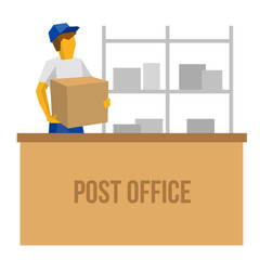 Delivery man in blue uniform holding carton box. Postman behind the counter with parcel in post office. Lot of boxes silhouettes at the back. Simple flat clip art with place for text. 