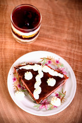 Pancake cake with fresh raspberry, pistachios and dark chocolate