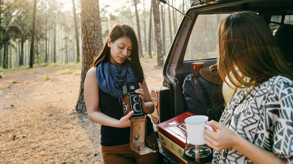 Women Friendship Hangout Traveling Camping Concept