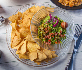Mexican food: nachos with guacamole