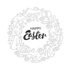 Coloring book page. Easter rabbits and eggs wreath. Hand drawn lettering. Adults, children. Black and white.