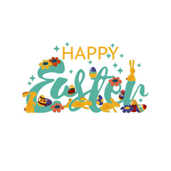Colorful happy Easter greeting card with flowers eggs carrot and rabbit elements composition. EPS10 vector file organized in layers for easy editing.