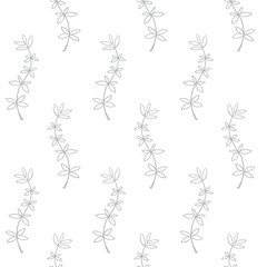 Vector seamless floral pattern with decorative white leaves with a gray stroke on a white background. Wallpaper, textile, tissue, background. Vector illustration.