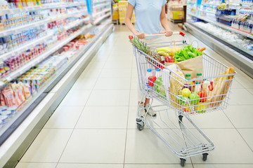 Young woman on healthy diet with shopping cart full of fresh vegetables, fruits and dairy products...