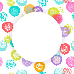 Vector circle frame on seamless floral pattern with doodle flowers.