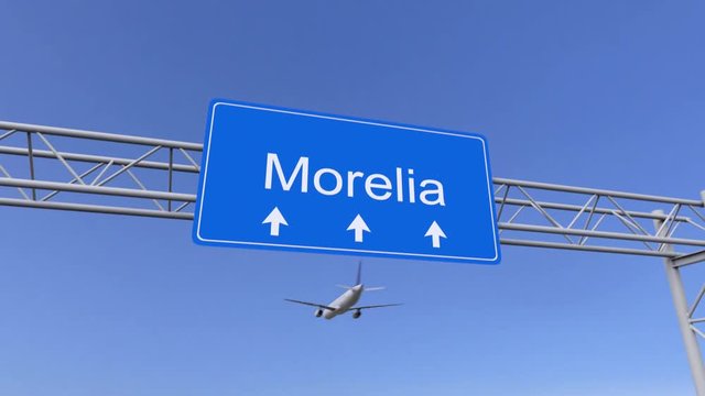 Commercial airplane arriving to Morelia airport. Travelling to Mexico conceptual 4K animation
