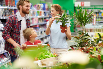 Pretty family with full shopping trolley choosing pot plant in supermarket: young woman holding one of them in hands and her family approving her choice with wide smiles