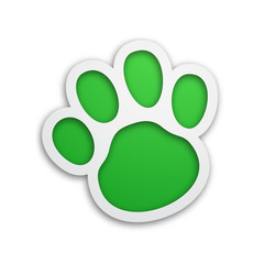 Vector paw icon for pets shop. Beautiful frame with shadow effects. Green and white colors.