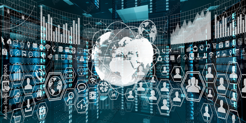 Poster graph holograms flying over server room data center 3d rendering