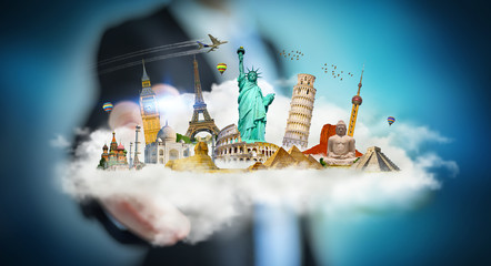 Businessman touching a cloud full of famous monuments with his finger 3D rendering