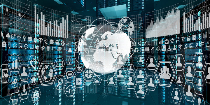 Graph holograms flying over server room data center 3D rendering - Powered by Adobe