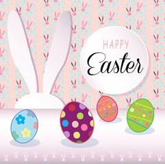 Fototapeta na wymiar Happy Easter Holiday, Easter Rabbit and Easter eggs, ribbon, Easter Bunny. Greeting card background. Cute Rabbit Flat. Poster. Frame Vector Illustration
