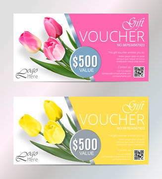 Gift voucher template set with tulips flowers. Cute gift voucher certificate coupon design template. Collection gift certificate business card banner calling card poster. Vector illustration