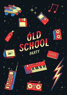 old school elements set. retro and disco illustration with synthesizers, tape recorder, phone