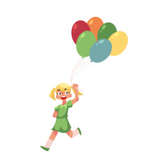 Obraz na płótnie Canvas Pretty teenage girl running with a bunch of colorful balloons, cartoon vector illustration isolated on white background. Blond girl running with balloons, summer outdoor activity