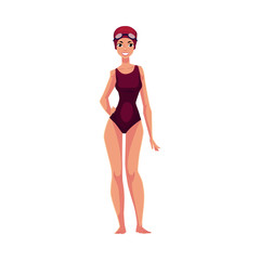 Beautiful woman, swimmer in swimming suit, cap and goggles, cartoon vector illustration isolated on white background. Front view full length portrait of woman, girl swimmer in swimming suit