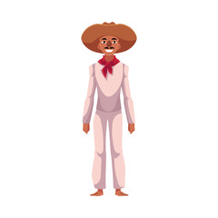 Mexican man in traditional national costume, white clothes and red neck tie, cartoon vector illustration isolated on white background. Full length portrait of Mexican man in national clothes