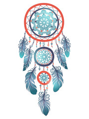 Illustration with hand drawn dream catcher. Feathers and beads. Doodle drawing.