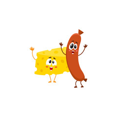 Frankfurter sausage and cheese chunk characters dancing happily together, cartoon vector illustration isolated on white background. Funny cheese and sausage characters, mascots with human faces