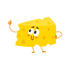 Funny cheese chunk character showing thumb up, good quality concept, cartoon vector illustration isolated on white background. Funny cheese piece character, mascot with human face giving thumb up