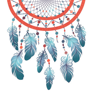 Illustration with hand drawn dream catcher. Feathers and beads. Doodle drawing.