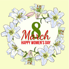 Happy womens day, 8 March greeting card, poster, banner design with wreath of white lily flowers, sketch style vector illustration. 8 March, womens day greeting card template with white lily flowers