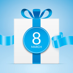 8 march greeting card template, with white gift box and blue waving ribbon. International womens day greeting car design.