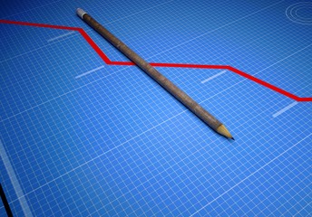 Graph showing the situation in the business, old pencil laying on top, 3d render