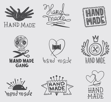 Vector set of different emblems of handmade on a white background. Needlework, craft. Made in a monochrome style. Inscription "Handmade". Vector illustration.
