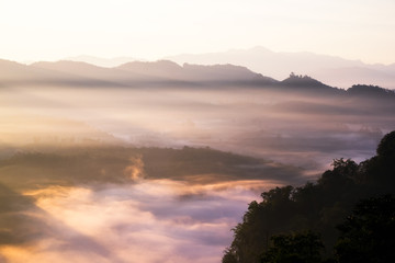 Sunlight on foggy valley at morning