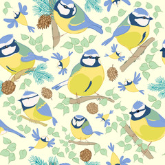 Fototapeta premium Birds.Blue tit pattern. Vector illustration