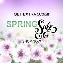 Advertisement about the spring sale on background with beautiful white flowers, Lettering, calligraphy. A seasonal discount. Vector illustration - 138802625
