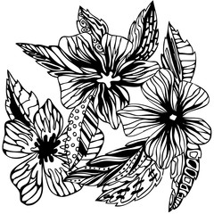 Stylized flowers sketch, black and white drawing