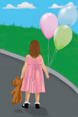 Illustration of girl with balloons and teddy bear walking in park