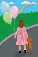 Illustration of girl with balloons and teddy bear walking in park towards a rainbow