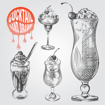 Set of hand drawn sketch style cocktails isolated on white background and blob with drops. Milkshake with cherries and cream in glass sketch vector illustration.