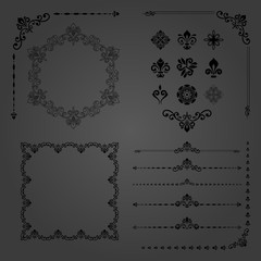 Vintage set of vector horizontal, square and round elements. Different elements for decoration design, frames, cards, menus, backgrounds and monograms. Classic patterns. Set of vintage patterns
