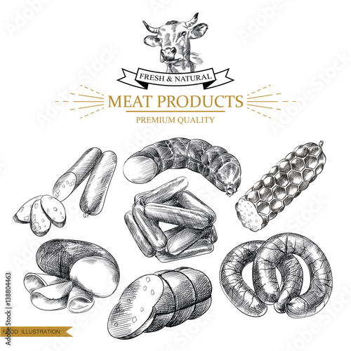 "Set of hand drawn sausages isolated on white background. Meat products