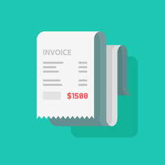 bill invoice receipt vector illustration, flat style paper receipt, bill to pay, finance document isolated on color background