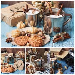 Metal mugs with cacao and marshmallows, with different decorations
