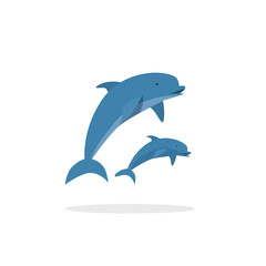 Dolphin vector illustration, flat style two jumping happy dolphins isolated on white background