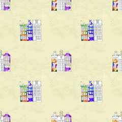 Seamless pattern eith watercolor Amsterdam houses