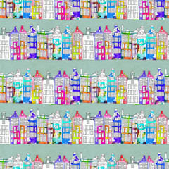 Seamless pattern eith watercolor Amsterdam houses