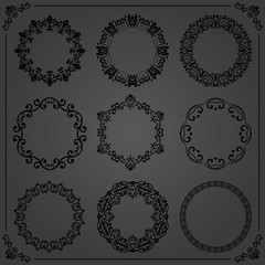 Vintage set of vector dark round elements. Different elements for decoration and design frames, cards, menus, backgrounds and monograms. Classic patterns. Set of vintage patterns